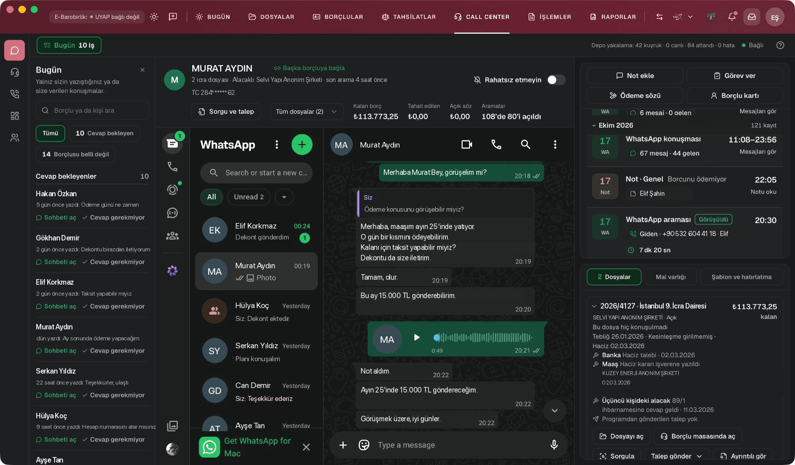 İcraX call center ekranı: borçlu kartı, WhatsApp yazışması ve dosyalar